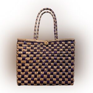 Woven Straw Tote Bag in Navy and Tan